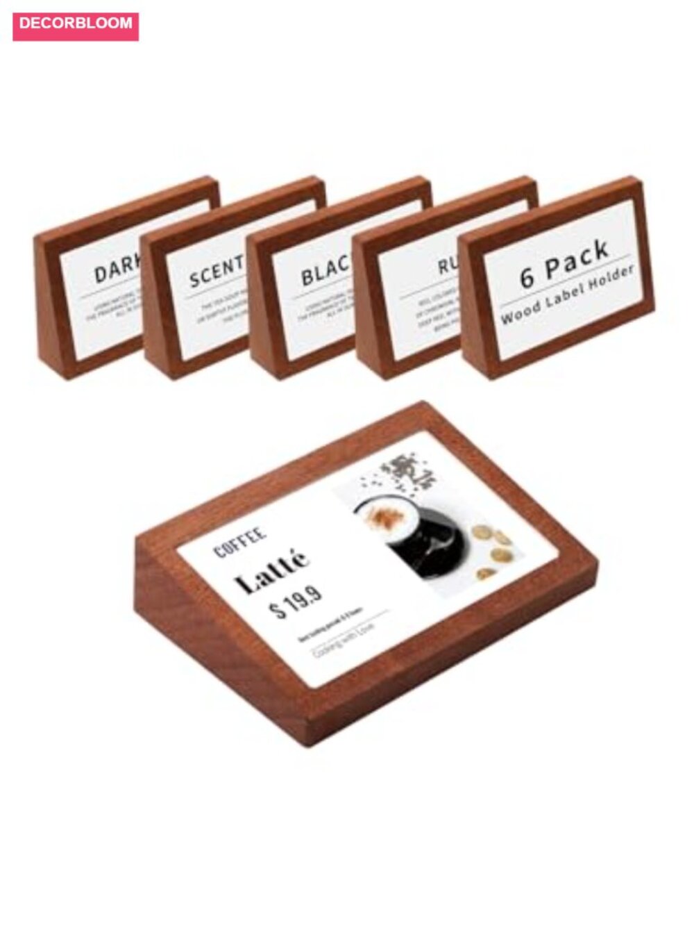6 Pack Wood Acrylic Label Holder Stand Recline Tabletop Display